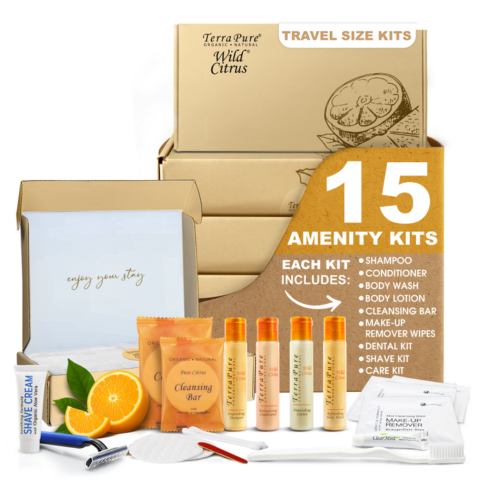 Terra Pure Amenity & Accessory Kit |1 oz Travel Size Shampoo, Conditioner, Lotion, Body Wash, 2 Cleansing Bars, Shave & Dental Sets, Make-Up Remover Wipes, & Vanity Kit | 15 sets per case