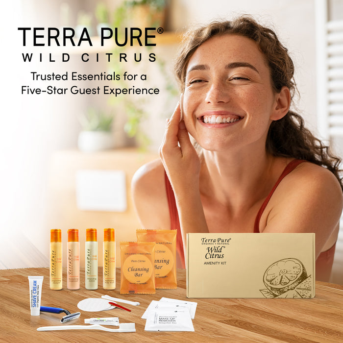 Terra Pure Amenity & Accessory Kit |1 oz Travel Size Shampoo, Conditioner, Lotion, Body Wash, 2 Cleansing Bars, Shave & Dental Sets, Make-Up Remover Wipes, & Vanity Kit | 15 sets per case