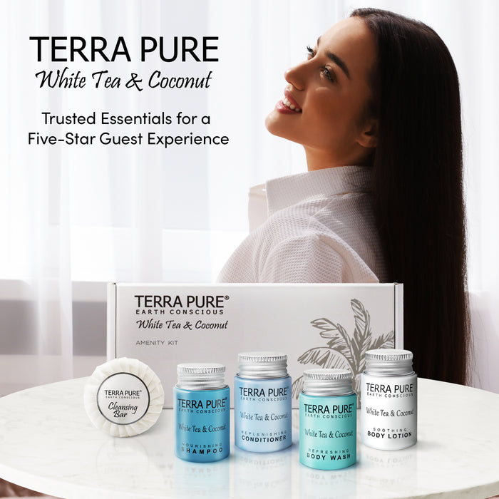 Terra Pure White Tea and Coconut Amenity Kit | Hotel Toiletries | Bulk Set 1oz Travel Size Shampoo, Conditioner, Lotion, Body Wash & Cleansing Bar for Guest Hospitality Vacation Rentals | 60 sets/case