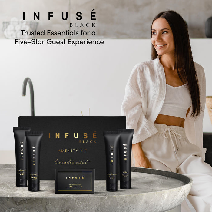Infuse Black Amenity Kit | Boxed Hotel Toiletries | Bulk Set 1 oz Travel Size Shampoo, Conditioner, Lotion, Body Wash & Cleansing Bar for Guest Hospitality AirBnB/Vacation Rentals | 1 set per case