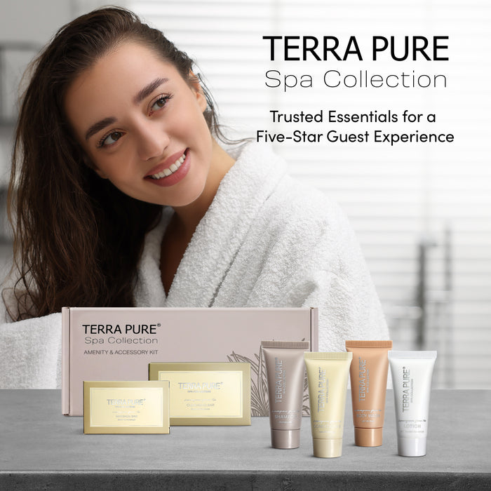 Terra Pure Spa Collection Amenity Kit | Hotel Toiletries | Bulk Set 1oz Travel Size Shampoo, Conditioner, Lotion, Body Wash & Massage Bar for Guest Hospitality AirBnB/Vacation Rentals | 60 sets/case