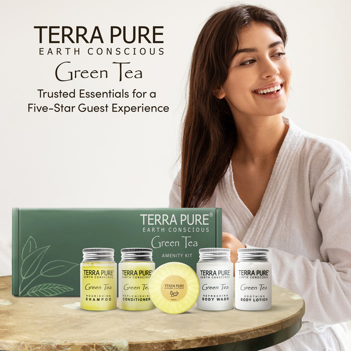 Terra Pure Gree Tea Amenity Kit | Boxed Hotel Toiletries | Bulk Set 1oz Travel Size Shampoo, Conditioner, Lotion, Body Wash & Body Bar Soap for Guest Hospitality AirBnB/Vacation Rentals | 15 sets/case