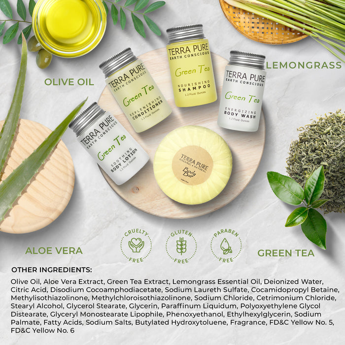 Terra Pure Gree Tea Amenity Kit | Boxed Hotel Toiletries | Bulk Set 1oz Travel Size Shampoo, Conditioner, Lotion, Body Wash & Body Bar Soap for Guest Hospitality AirBnB/Vacation Rentals | 15 sets/case