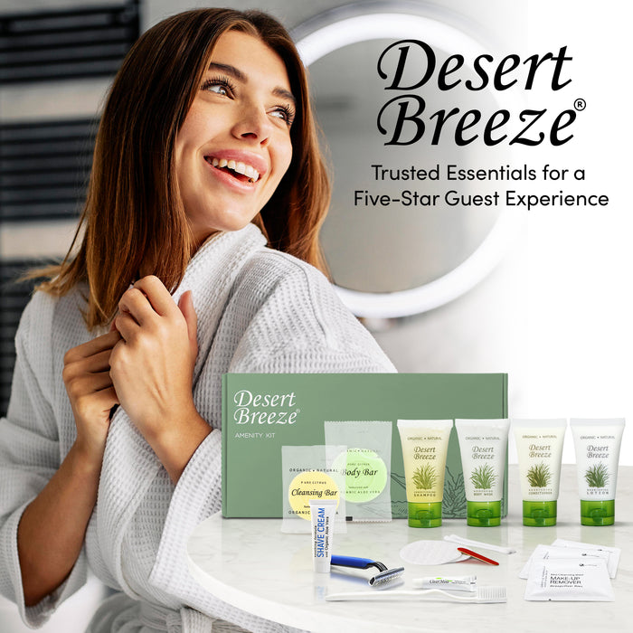 Desert Breeze Amenity & Accessory Kit | 1 oz Travel Size Shampoo, Conditioner, Lotion, Body Wash, Body Bar, Cleansing Bar, Shave & Dental Sets, Make-Up Remover Wipes, & Vanity Kit | 15 sets per case