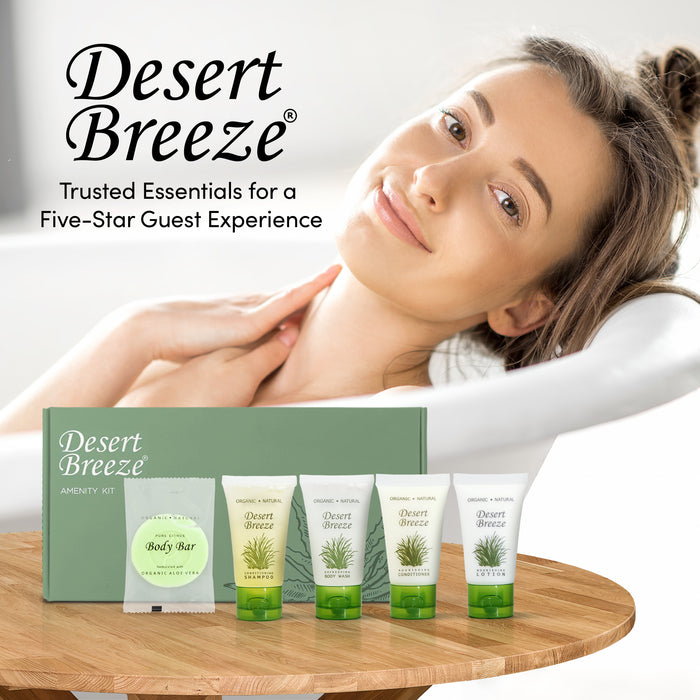 Dessert Breeze Amenity Kit | Boxed Hotel Toiletries | Bulk Set 1oz Travel Size Shampoo, Conditioner, Lotion, Body Wash & Body Bar Soap for Guest Hospitality AirBnB/Vacation Rentals | 15 sets per case