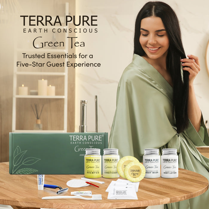 Terra Pure Green Tea Amenity & Accessory Kit | 1 oz Travel Size Shampoo, Conditioner, Lotion, Body Wash, 2 Soap Bars, Shave & Dental Sets, Make-Up Remover Wipes, & Vanity Kit | 60 sets per case