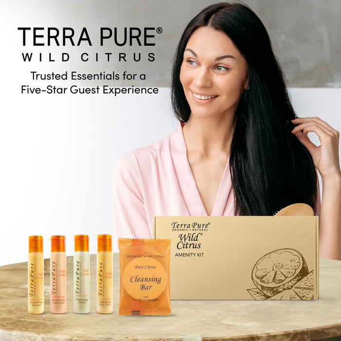 Terra Pure Amenity Kit | Boxed Hotel Toiletries | Bulk Set 1oz Travel Size Shampoo, Conditioner, Lotion, Body Wash & Bar Soap for Guest Hospitality AirBnB/Vacation Rentals | 60 sets per case