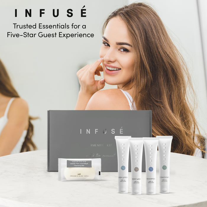 Infuse Amenity Kit | Boxed Hotel Toiletries | Bulk Set 1 oz Travel Size Shampoo, Conditioner, Lotion, Body Wash & Cleansing Bar for Guest Hospitality AirBnB/Vacation Rentals | 60 sets per case