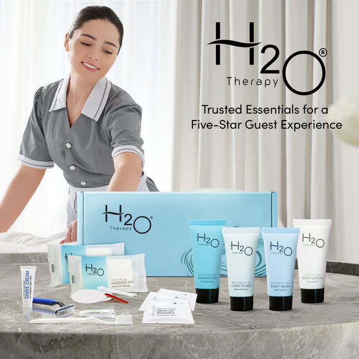 H2O Therapy Amenity & Accessory Kit | 0.85 oz Travel Size Shampoo, Conditioner, Lotion, Body Wash, Massage Bar, Cleansing Bar, Shave & Dental Sets, Make-Up Remover Wipes, & Vanity Kit | 60 sets/case