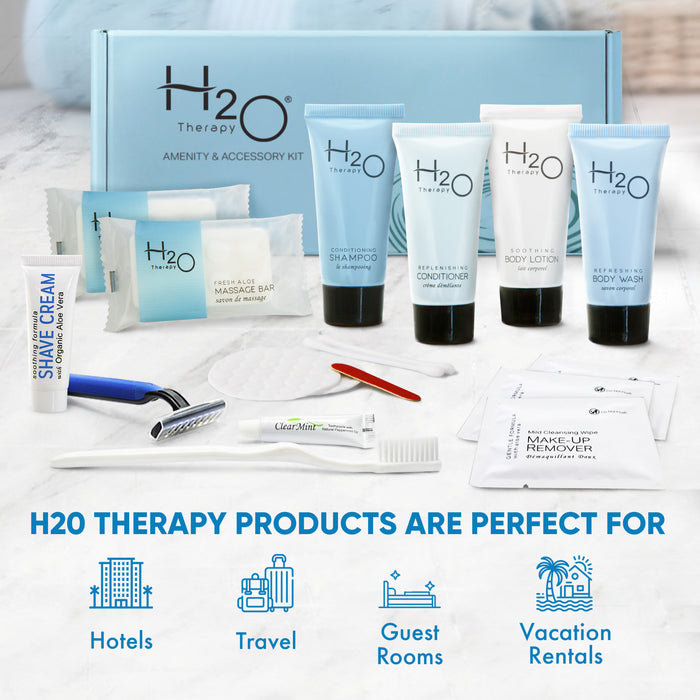 H2O Therapy Amenity & Accessory Kit | 0.85 oz Travel Size Shampoo, Conditioner, Lotion, Body Wash, Massage Bar, Cleansing Bar, Shave & Dental Sets, Make-Up Remover Wipes, & Vanity Kit | 60 sets/case