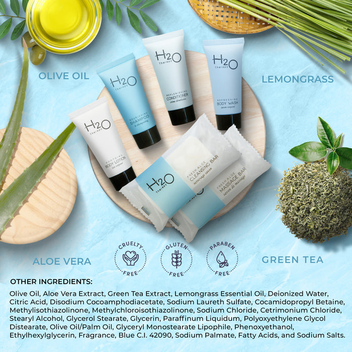 H2O Therapy Amenity & Accessory Kit | 0.85 oz Travel Size Shampoo, Conditioner, Lotion, Body Wash, Massage Bar, Cleansing Bar, Shave & Dental Sets, Make-Up Remover Wipes, & Vanity Kit | 15 sets/case