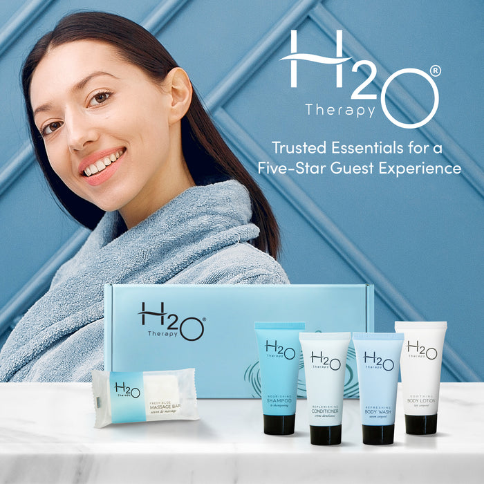 H2O Therapy Amenity Kit | Boxed Hotel Toiletries | Bulk Set .85 oz Travel Size Shampoo, Conditioner, Lotion, Body Wash & Body Bar Soap for Guest Hospitality AirBnB/Vacation Rentals | 15 sets per case