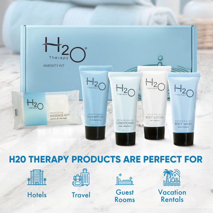 H2O Therapy Amenity Kit | Boxed Hotel Toiletries | Bulk Set .85 oz Travel Size Shampoo, Conditioner, Lotion, Body Wash & Body Bar Soap for Guest Hospitality AirBnB/Vacation Rentals | 15 sets per case