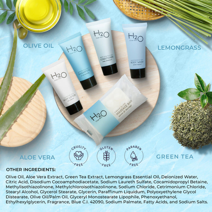 H2O Therapy Amenity Kit | Boxed Hotel Toiletries | Bulk Set .85 oz Travel Size Shampoo, Conditioner, Lotion, Body Wash & Body Bar Soap for Guest Hospitality AirBnB/Vacation Rentals | 15 sets per case