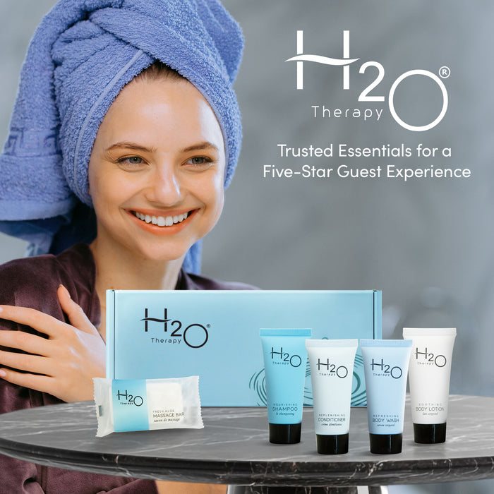 H2O Therapy Amenity Kit | Boxed Hotel Toiletries | Bulk Set 0.85 oz Travel Size Shampoo, Conditioner, Lotion, Body Wash & Body Bar Soap for Guest Hospitality AirBnB/Vacation Rentals | 1 set per case