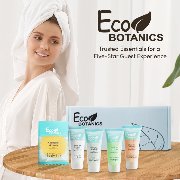 Eco Botanics Amenity Kit | Boxed Hotel Toiletries | Bulk Set 0.85 oz Travel Size Shampoo, Conditioner, Lotion, Body Wash & Body Bar Soap for Guest Hospitality AirBnB/Vacation Rentals | 1 set per case