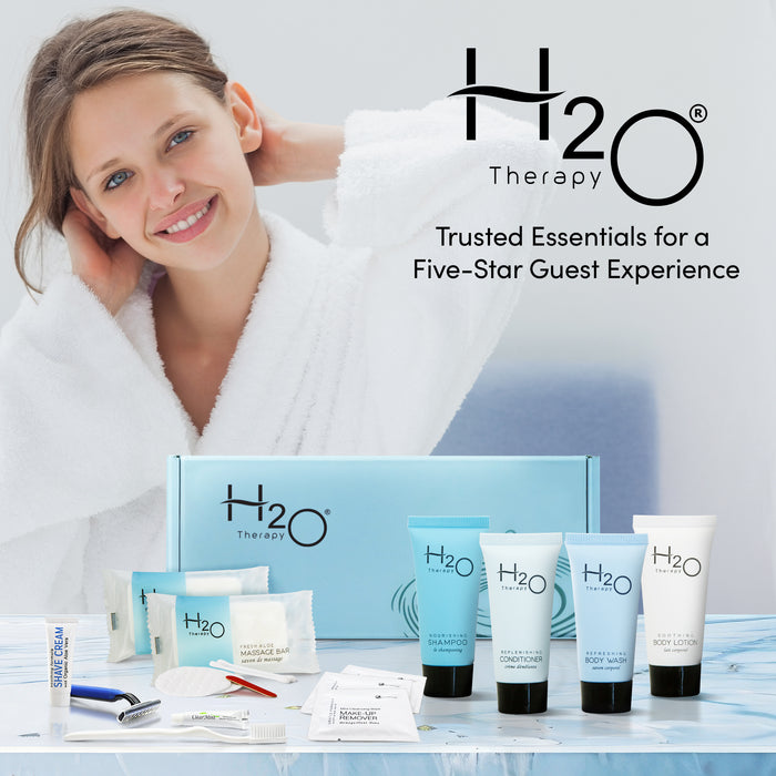 H2O Therapy Amenity & Accessory Kit | 0.85 oz Travel Size Shampoo, Conditioner, Lotion, Body Wash, Massage Bar, Cleansing Bar, Shave & Dental Sets, Make-Up Remover Wipes, & Vanity Kit | 1 set per case