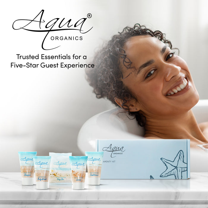 Aqua Organics Amenity Kit | Boxed Hotel Toiletries | Bulk Set 1 oz Travel Size Shampoo, Conditioner, Lotion, Body Wash & Body Bar Soap for Guest Hospitality AirBnB/Vacation Rentals | 60 sets per case