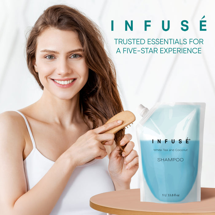 INFUSÉ 1 Liter Shampoo Refill Bag For Soap Dispensers | Bulk Toiletries for Vacation Rentals, and Home Bathroom Showers | White Tea and Coconut | Single