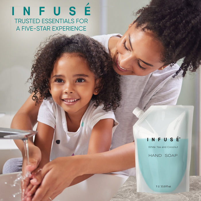 INFUSÉ 1 Liter Hand Wash Refill Bag For Soap Dispensers | Bulk Toiletries for Vacation Rentals, and Home Bathroom Showers | White Tea and Coconut | Single