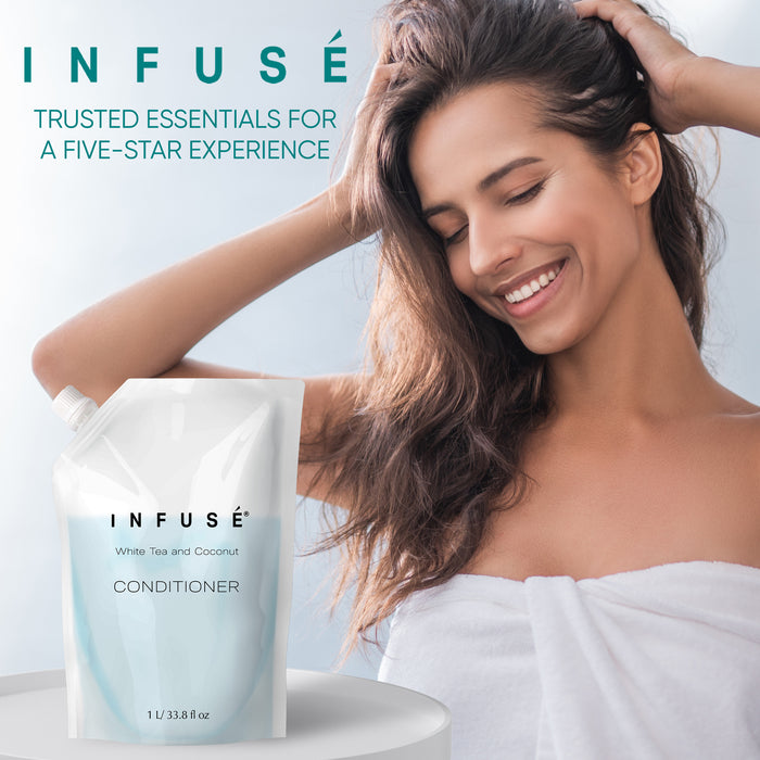 INFUSÉ 1 Liter Conditioner Refill Bag For Soap Dispensers | Bulk Toiletries for Vacation Rentals, and Home Bathroom Showers | White Tea and Coconut | Set of 12