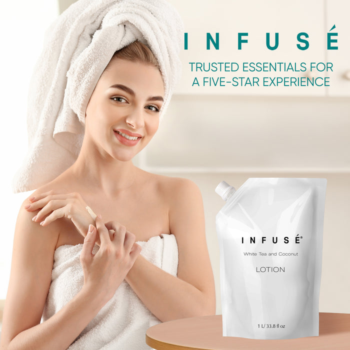 INFUSÉ 1 Liter Lotion Refill Bag For Soap Dispensers | Bulk Toiletries for Vacation Rentals, and Home Bathroom Showers | White Tea and Coconut | Set of 12