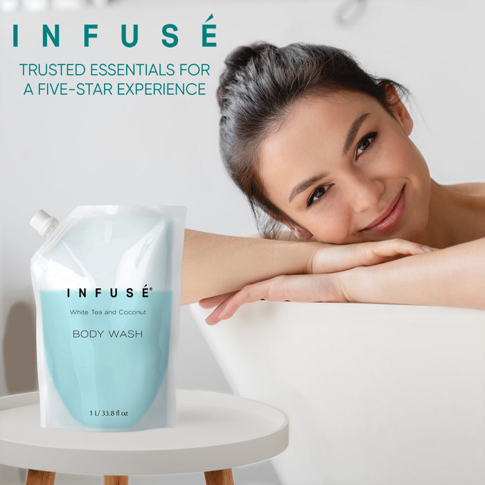 INFUSÉ 1 Liter Body Wash Refill Bag For Soap Dispensers | Bulk Toiletries for Vacation Rentals, and Home Bathroom Showers | White Tea and Coconut | Single