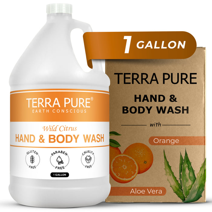 Terra Pure | Hotel Soaps and Toiletries Bulk Set | Hand & Body Wash Gallon 128 oz | Designed to Refill Soap Dispensers | 4 Gallons