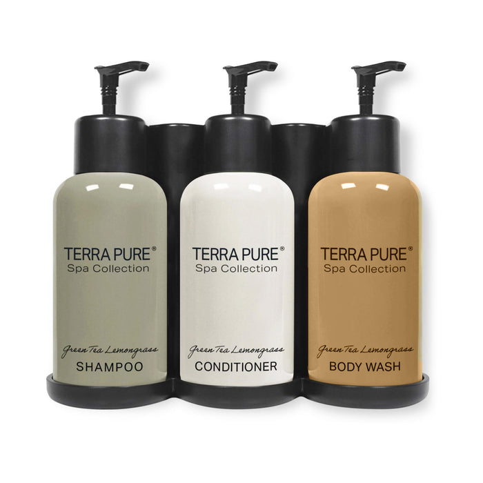 Terra Pure Spa Collection | Wall-Mounted No Drill Shower Soap Amenities Dispenser | 10.14 oz. / 300 ml Bottles | Tamper Proof Locking Bracket | 1 Bracket with Shampoo, Conditioner, Body Wash