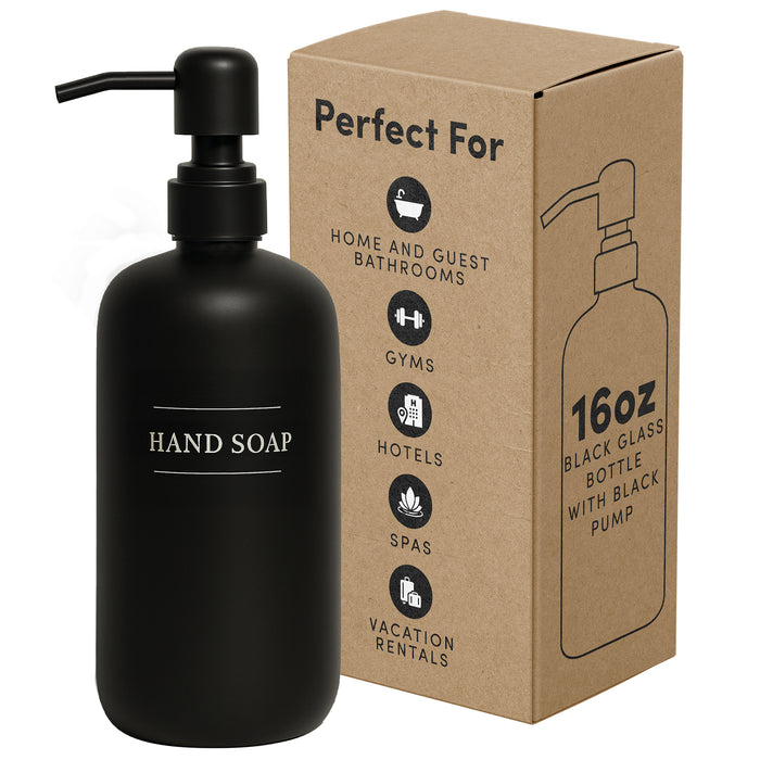 Black Glass Handsoap Bottle | 16 oz Refillable Wall Mount Liquid Soap Dispenser with Waterproof Label for every Bathroom | Single Product by Diversified Hospitality Solutions