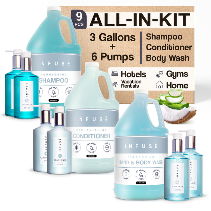 Infuse Gallon & Dispenser Set | 1-Shoppe All-In-Kit | Shampoo Conditioner Body Wash Gallon | Refillable 10.14 oz. Matching Pump Bottles