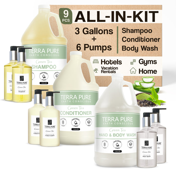 Terra Pure Gallon & Dispenser Set | 1-Shoppe All-In-Kit | Shampoo Conditioner Body Wash Gallon | Refillable 10.14 oz. Matching Pump Bottles