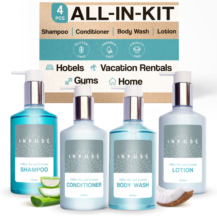 H2O Tropical Infuse Amenities Set,10.14 oz. Pumps (1 of Each) Shampoo, Conditioner, Hand/Body Wash, and Lotion