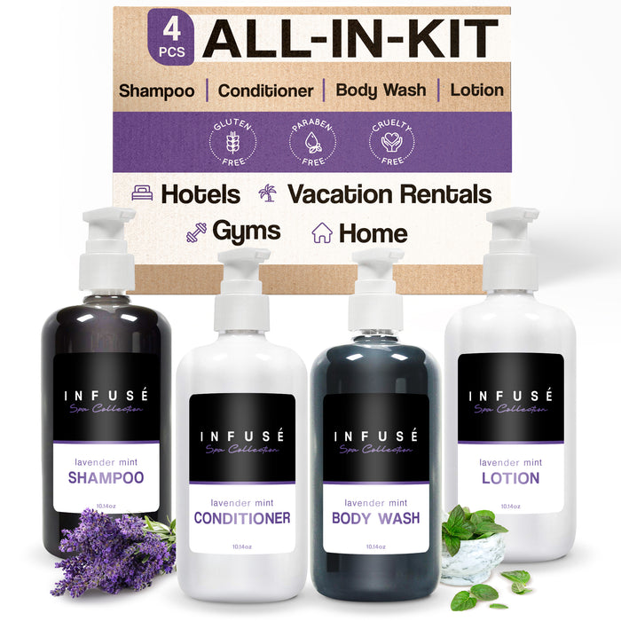 Infuse Lavender Mint Spa Collection Amenities Set,10.14 oz. Pumps (1 of Each) Shampoo, Conditioner, Hand/Body Wash, and Lotion