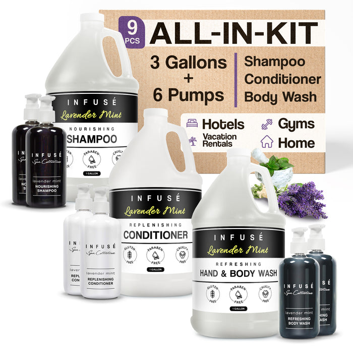 Infuse Lavender Mint Gallon & Dispenser Set | All-In-Kit | Shampoo Conditioner Body Wash Gallon | Refillable 10.14 oz. Matching Pump Bottles