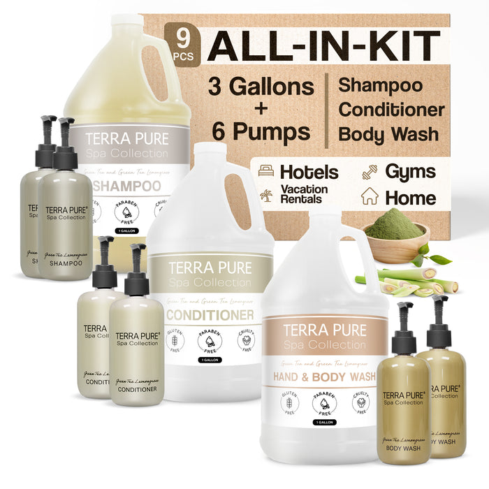 Terra Pure Spa Collection Gallon & Dispenser Set | All-In-Kit | Shampoo Conditioner Body Wash Gallon | Refillable 10.14 oz. Matching Pump Bottles