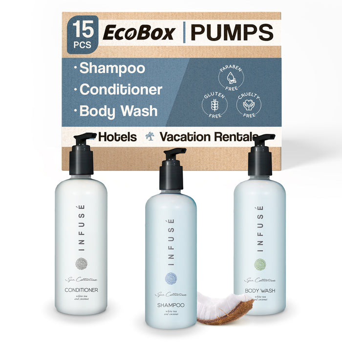 A 15 Piece EcoBox All-in-Kit of our Aquavera 10.14 oz. 300 ml Bottles--6 Shampoos, 3 Conditioners, & 6 Body Washes