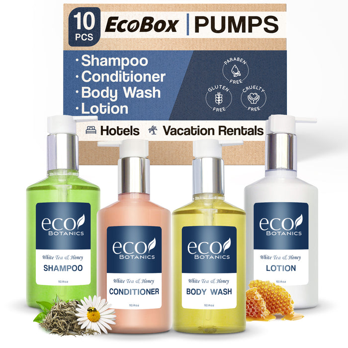 A 10 Piece EcoBox All-in-Kit of our Eco Botanics 10.14 oz. 300 ml Bottles--3 Shampoos, 2 Conditioners, 3 Body Washes, & 2 Lotions.