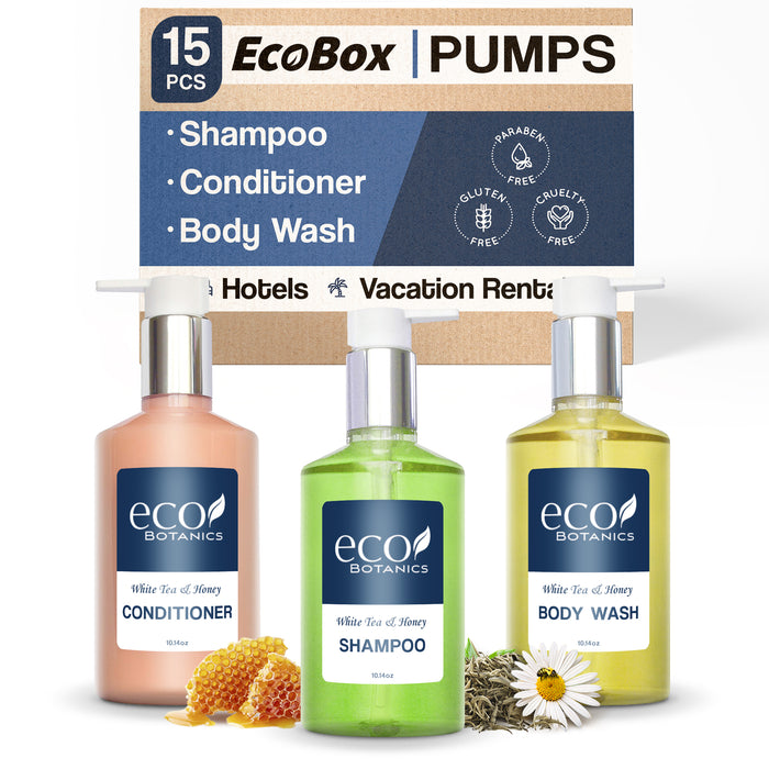 A 15 Piece EcoBox All-in-Kit of our Eco Botanics 10.14 oz. 300 ml Bottles--6 Shampoos, 3 Conditioners, & 6 Body Washes