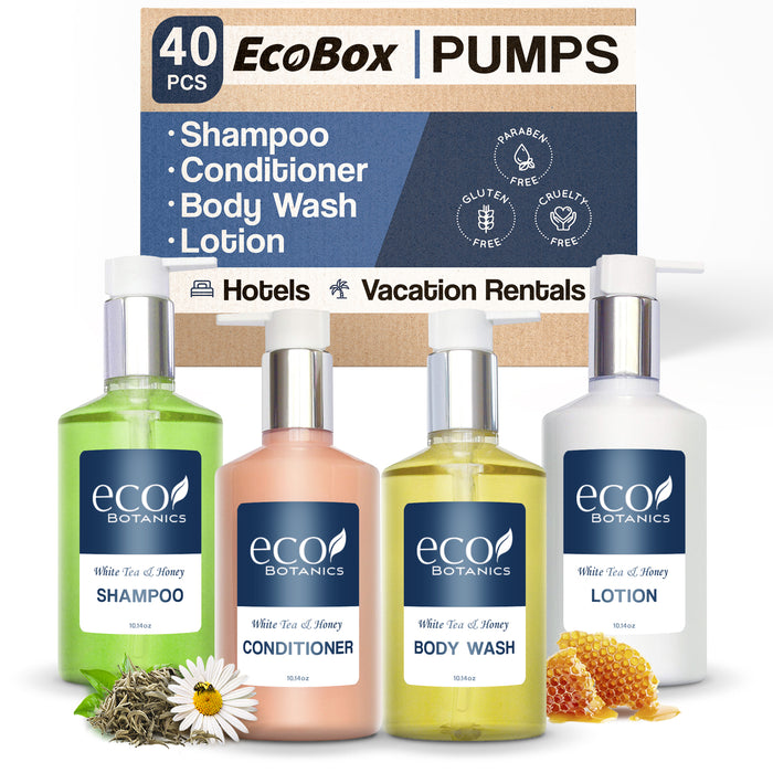 A 40 Piece EcoBox All-in-Kit of our Eco Botanics 10.14 oz. 300 ml Bottles--12 Shampoos, 8 Conditioners, 12 Body Washes, & 8 Lotions.