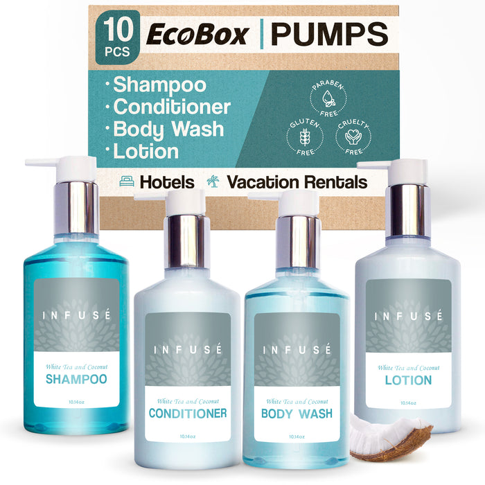 A 10 Piece EcoBox All-in-Kit of our Infuse 10.14 oz. 300 ml Bottles--3 Shampoos, 2 Conditioners, 3 Body Washes, & 2 Lotions.