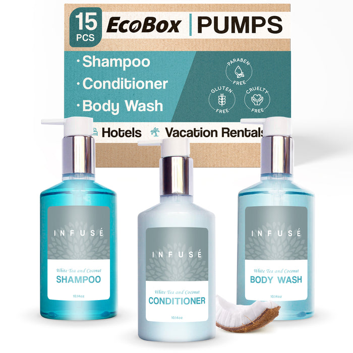 A 15 Piece EcoBox All-in-Kit of our Infuse 10.14 oz. 300 ml Bottles--6 Shampoos, 3 Conditioners, & 6 Body Washes