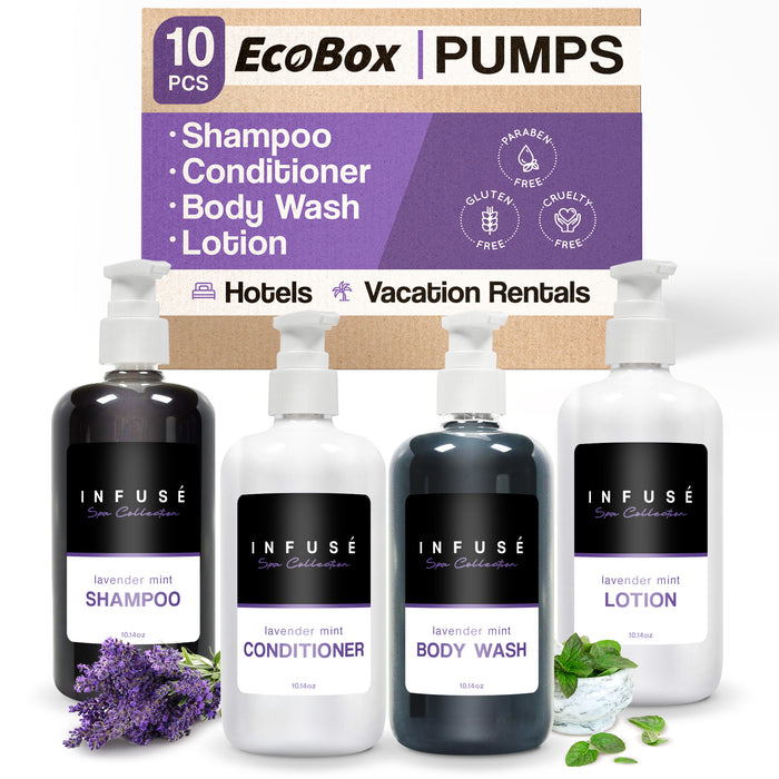 A 10 Piece EcoBox All-in-Kit of our Infuse Lavender Mint 10.14 oz. 300 ml Bottles--3 Shampoos, 2 Conditioners, 3 Body Washes, & 2 Lotions.