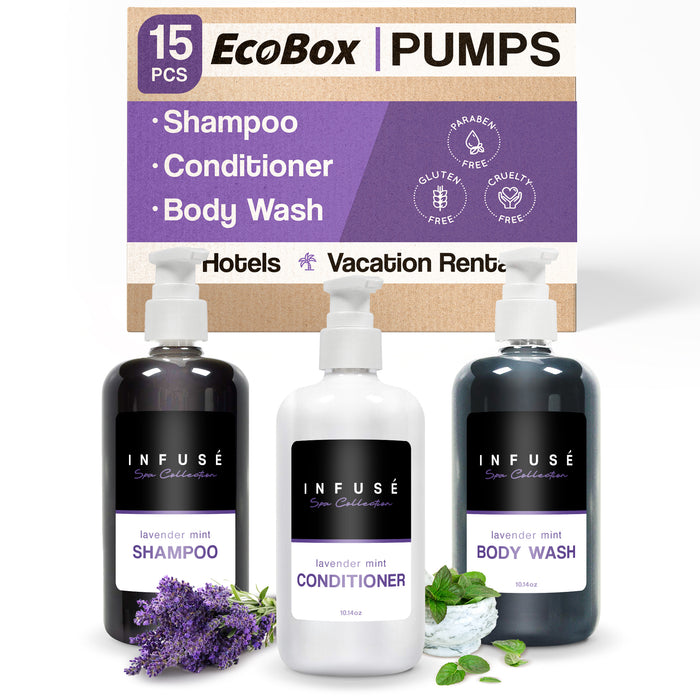 A 15 Piece EcoBox All-in-Kit of our Infuse Lavender Mint 10.14 oz. 300 ml Bottles--6 Shampoos, 3 Conditioners, & 6 Body Washes