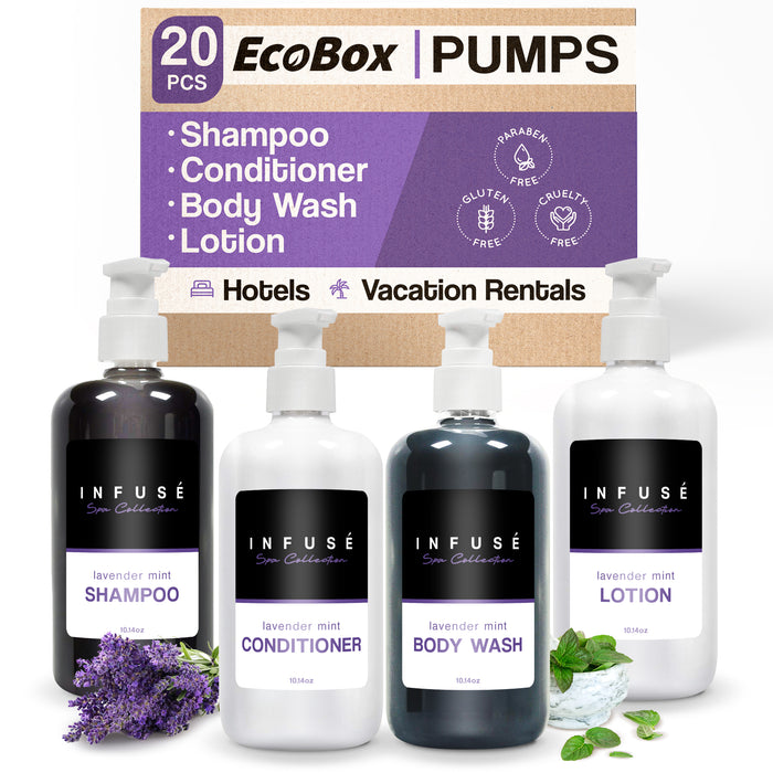 A 20 Piece EcoBox All-in-Kit of our Infuse Lavender Mint 10.14 oz. 300 ml Bottles--6 Shampoos, 4 Conditioners, 6 Body Washes, & 4 Lotions.