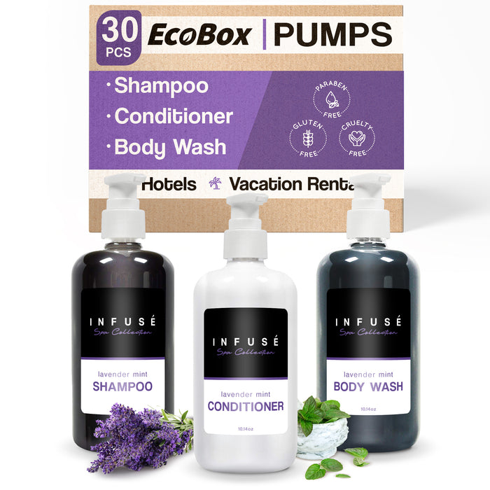 A 30 Piece EcoBox All-in-Kit of our Infuse Lavender Mint 10.14 oz. 300 ml Bottles--12 Shampoos, 6 Conditioners, & 12 Body Washes