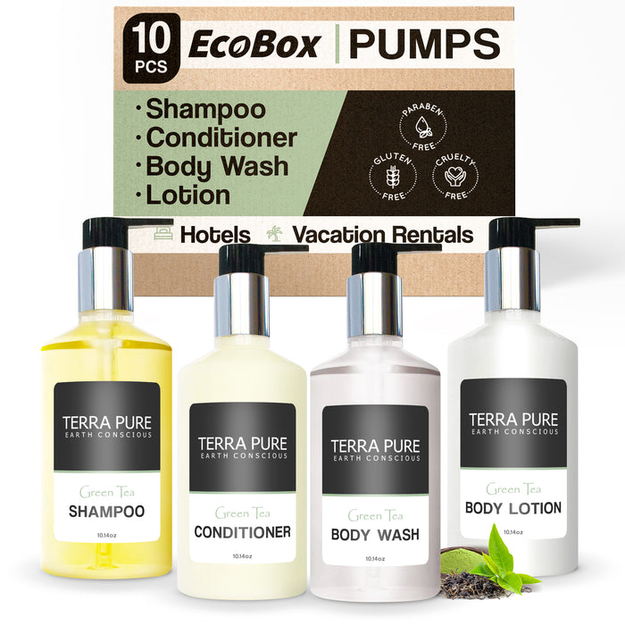 A 10 Piece EcoBox All-in-Kit of our Terra Pure Green Tea 10.14 oz. 300 ml Bottles--3 Shampoos, 2 Conditioners, 3 Body Washes, & 2 Lotions.