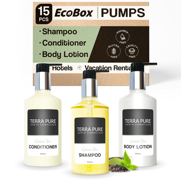 A 15 Piece EcoBox All-in-Kit of our Terra Pure Green Tea 10.14 oz. 300 ml Bottles--6 Shampoos, 3 Conditioners, & 6 Body Washes