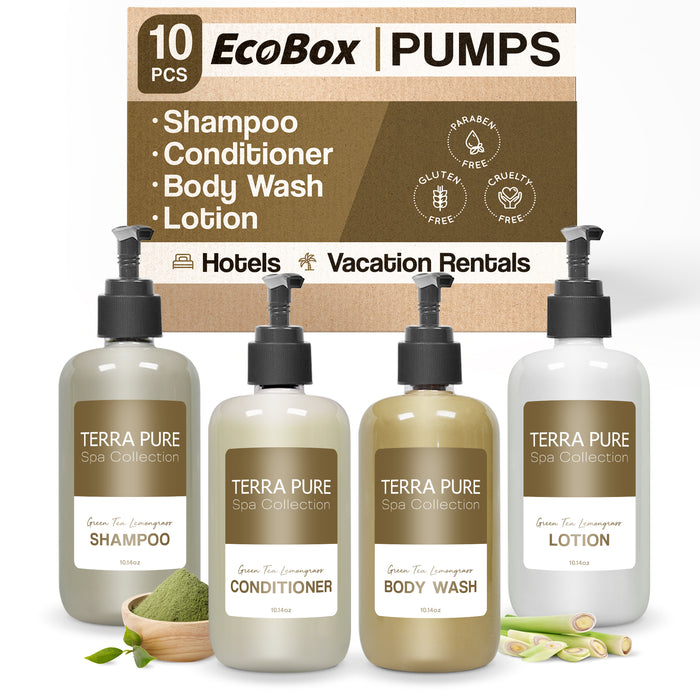 A 10 Piece EcoBox All-in-Kit of our Terra Pure Spa Collection 10.14 oz. 300 ml Bottles--3 Shampoos, 2 Conditioners, 3 Body Washes, & 2 Lotions.