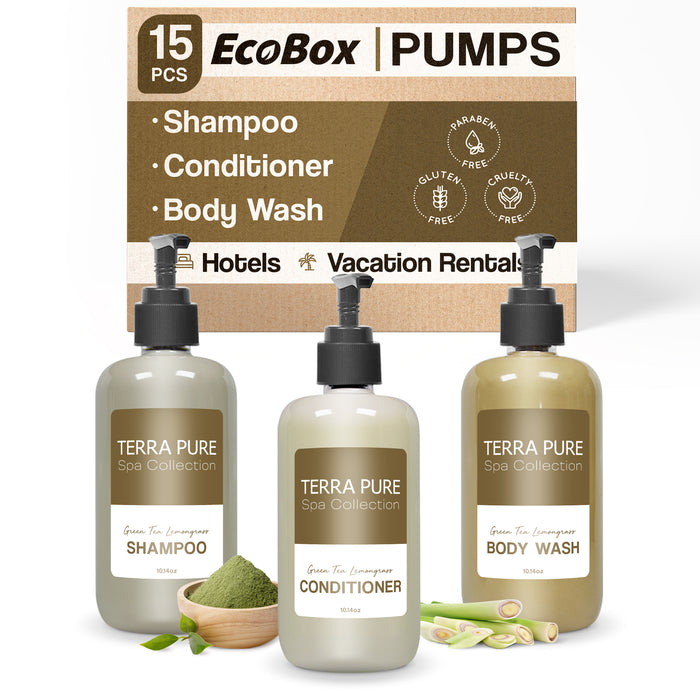 A 15 Piece EcoBox All-in-Kit of our Terra Pure Spa Collection 10.14 oz. 300 ml Bottles--6 Shampoos, 3 Conditioners, & 6 Body Washes